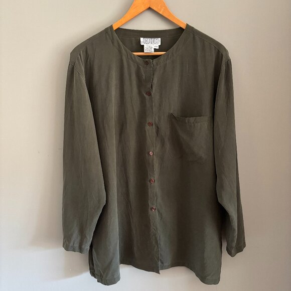 90s Mossy Sage Green Silk Button Down - Picture 1 of 7